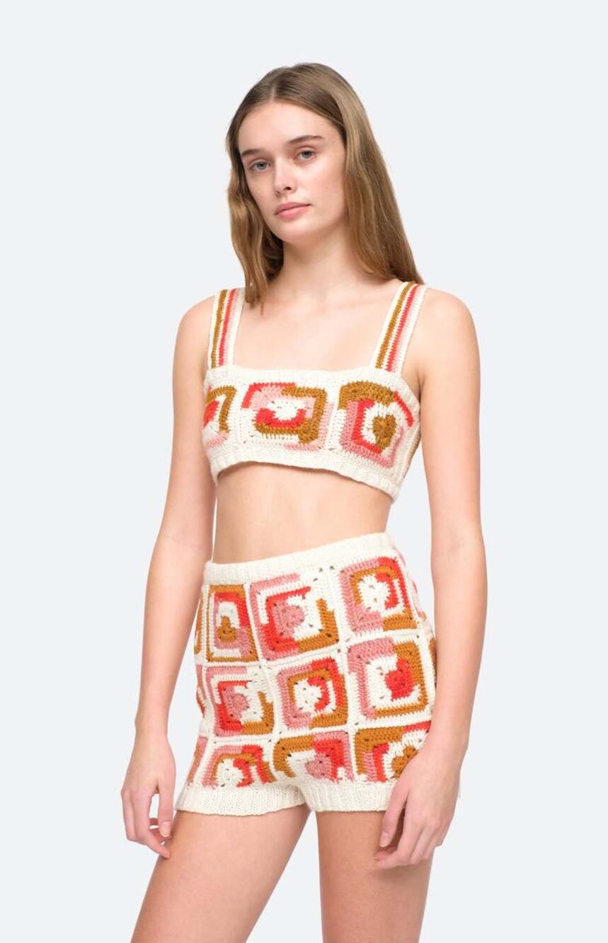 Sea NY Hayden Orange Wool Quilted Crochet Crop Short Set Size Small